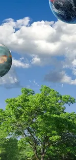 A lush green tree under a sky with floating planets.