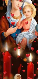 Mother and child with red candles and floating hearts in spiritual decor.