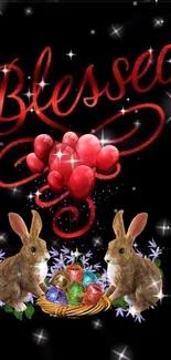 Blessed wallpaper with rabbits, eggs, and red balloons on a black background.