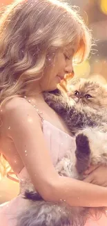 Girl cuddling a fluffy kitten with warm autumn colors.