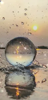 Crystal sphere reflecting a sunset over water, capturing tranquility and art.