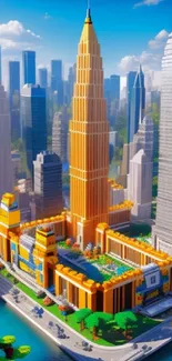 Block-style cityscape wallpaper with orange skyscrapers and vibrant urban design.