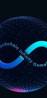 Blockchain game wallpaper with infinity loop on dark background.