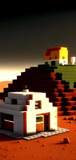 3D pixel art desert landscape with blocky houses.