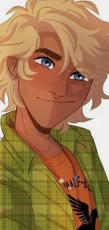 Blonde anime character with blue eyes in plaid shirt.