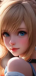 Anime girl with blonde hair and blue eyes, smiling gently.