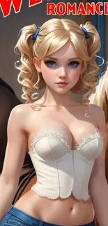 Anime style blonde girl with curly hair and blue ribbon.