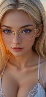 Anime character with blonde hair and glasses in a serene setting.