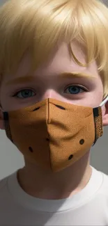 Blonde child wearing a brown mask, focused portrait.