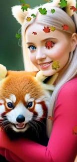 Smiling blonde girl holding a red panda.