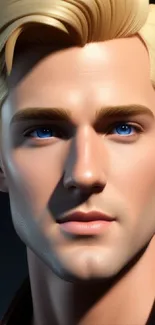 Realistic digital portrait of a blonde figure with blue eyes.