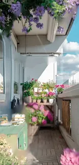 A blooming balcony with vibrant flowers and a clear blue sky.