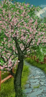 Cherry blossom tree by a stone path in a peaceful, green landscape.