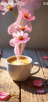 Steaming coffee cup with flowers rising as steam.