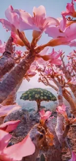 Vibrant pink flowers bloom in a desert oasis landscape.