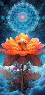 Fantasy art wallpaper with a blooming flower and celestial design.