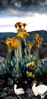 Vibrant yellow flowers and storks in a serene natural landscape.