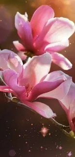 Blooming pink magnolia flowers with soft glowing lights.