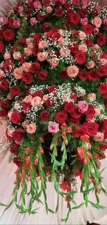 Vibrant bouquet of red roses with greenery.