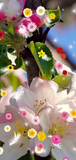 Apple blossoms with green leaves against blue sky.