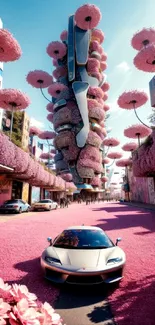 Futuristic car in a pink flower-adorned cityscape, blending urban and nature visuals.