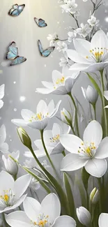 White flowers and butterflies on gray background wallpaper.