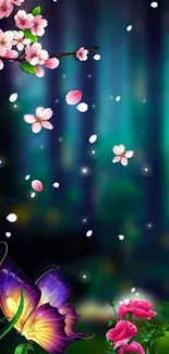 Fantasy wallpaper with cherry blossoms and butterfly.