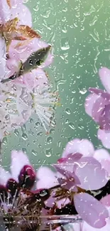 Pink cherry blossoms with raindrops on a green background.