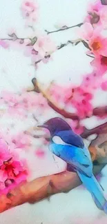 Bird on blossoming branches in watercolor art.