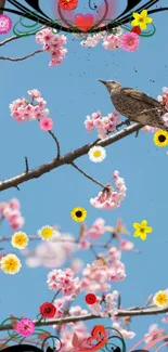 Bird on cherry blossom branch with colorful flowers and blue sky.