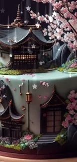 Intricately designed cake with blossoms and artistic flair.