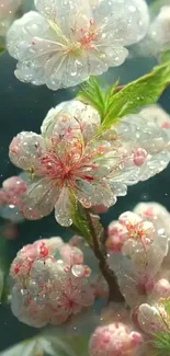 Delicate blossoms with dewdrops on a serene green background.