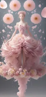 Ethereal floral fairy in pink dress surrounded by blossoms.