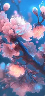 Mobile wallpaper featuring glowing cherry blossoms on a blue background.