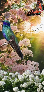 Vibrant hummingbird and butterfly with pink blossoms in a serene nature scene.