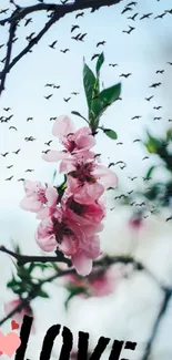 Pink blossoms with birds, love theme.