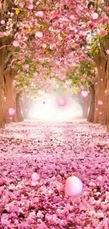 Pathway lined with pink blossoms and trees.