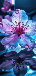 Pink blossom reflecting on a water surface with a blue background.