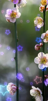 Mobile wallpaper with blossoms and glowing stars on green background.