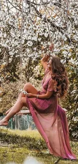 Woman on a swing under cherry blossoms.