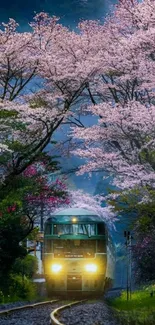 Train travels through cherry blossoms in serene spring scene.