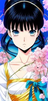 Anime character with cherry blossoms on blue background.