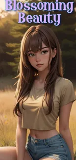 Anime girl in sunny field, serene nature background.