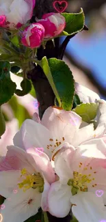 Pink apple tree blossoms under a bright blue sky.