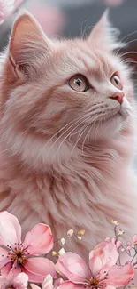 Cute fluffy cat with pink blossoms.
