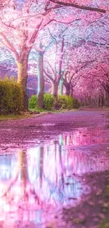 Cherry blossoms lining a serene path with reflections.