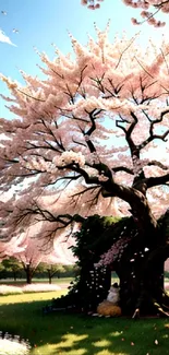 Blossoming cherry tree with pink flowers under a clear blue sky.