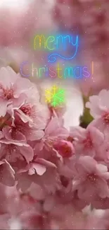 Merry Christmas mobile wallpaper with pink cherry blossoms.