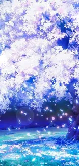 Ethereal cherry blossom tree with blue hues and falling petals.