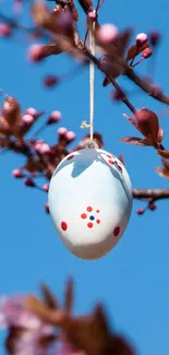 Easter eggs hanging from blossoming branches with a blue sky background.